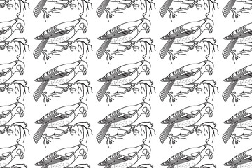 Line art seamless pattern with garden birds vector illustration. Hand drawn outline repeating pattern birds background. Graphic design for Cover Coloring Book Textile Fashion Print Birthday Greeting