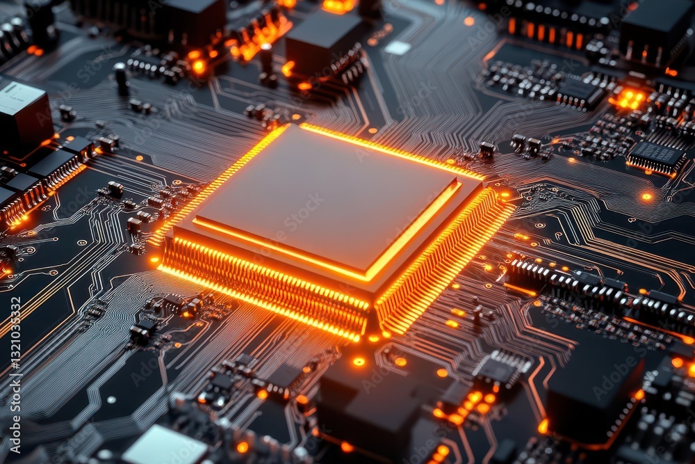 Poster close-up of a circuit board with a glowing orange light emphasizing technology, innovation, and mode