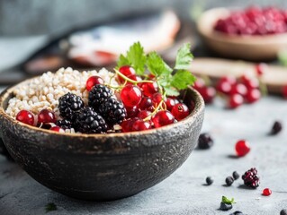 A close-up of fresh, wild berries in a rustic bowl with whole grains and fatty fish in the background, creating a visually appealing representation of the Nordic diet