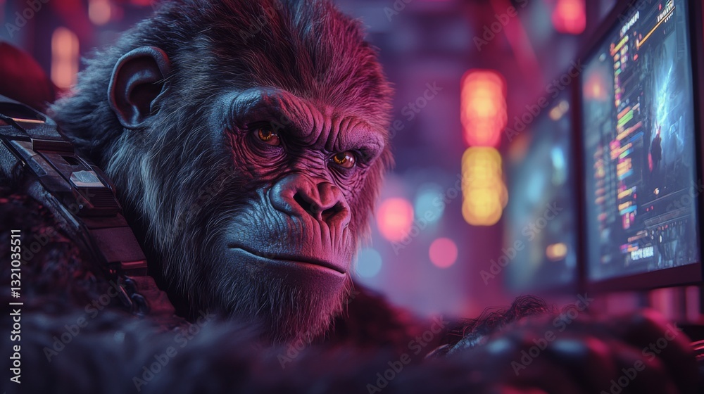 Poster a gorilla focuses intently on a gaming setup, surrounded by glowing screens in a bustling cybernetic