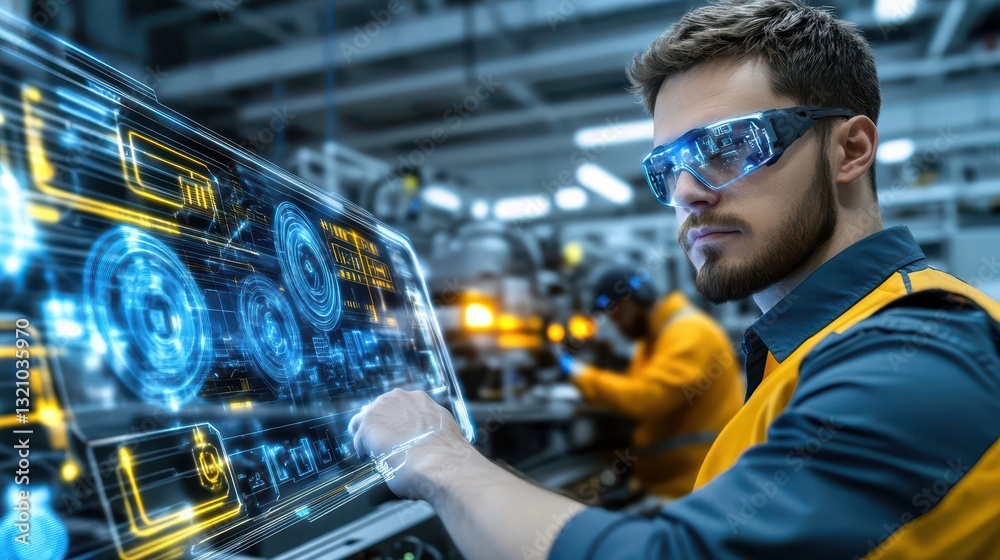 Leinwandbilder Focused man wearing safety glasses working on a computer inside a busy factory with advanced technology surrounding him
