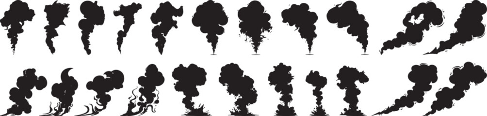 Smoke Vector Illustration: Collection of Black Smoke Plumes, Isolated on White