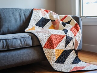 Handmade quilt with bold geometric patterns and contrasting colors draped over a couch, adding a playful, cozy touch to a modern, minimalist living room