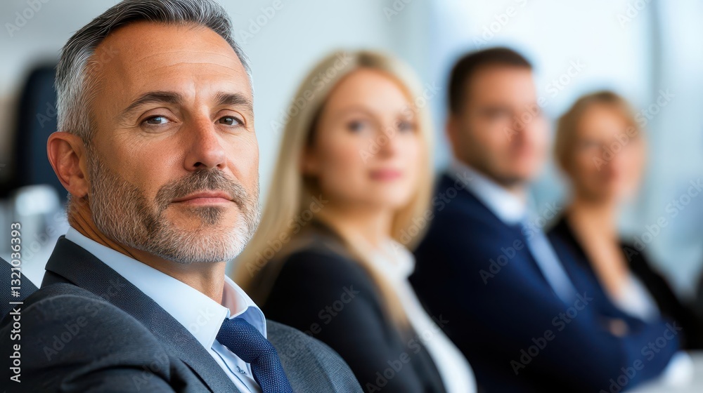 Poster professional man in suit and tie with group of colleagues engaged in conversation in the background