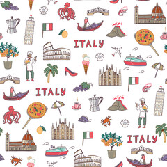 Italy travel doodle seamless pattern. Hand drawn vector illustration.