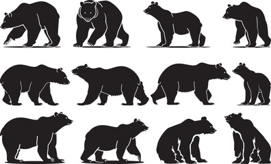 Bear Silhouettes Vector Illustration Set on White Background