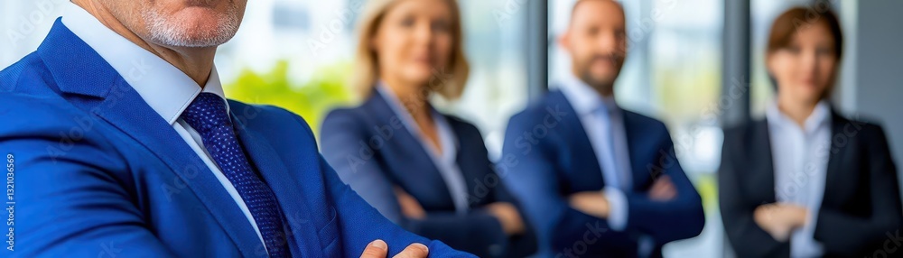 Poster confident man in suit and tie with arms crossed displaying assurance and professionalism in modern o