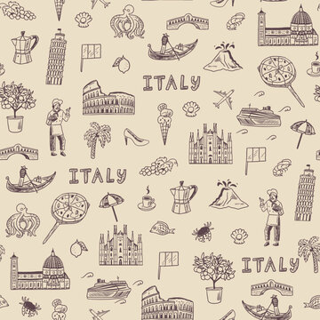 Italy travel doodle seamless line pattern. Hand drawn vector illustration.