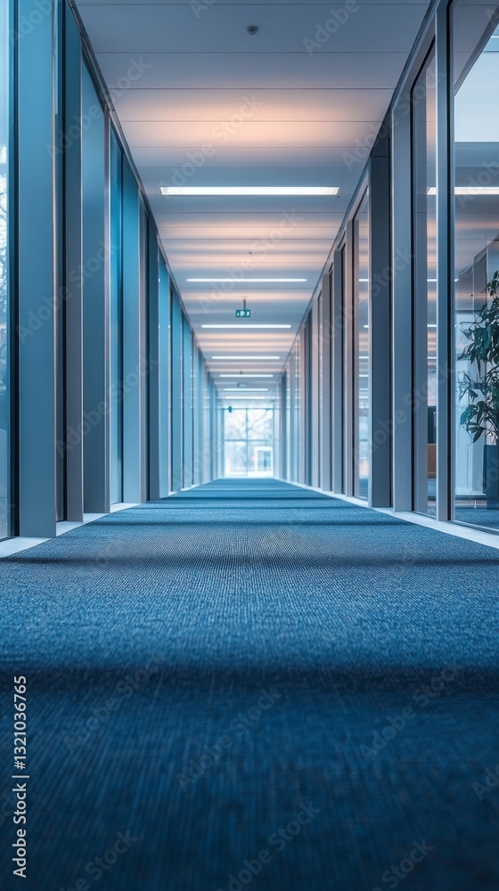 Aufkleber bright blue carpet and smooth glass panels create a serene atmosphere in this expansive corridor. na