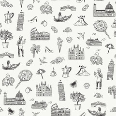 Italy travel doodle seamless line pattern. Hand drawn vector illustration.