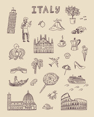 Italy travel hand drawn doodle icons set. Vector line illustration.