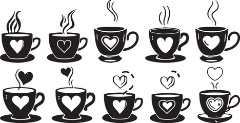 Fototapeta premium Coffee Cups with Hearts Vector Illustration, Black and White Isolated Design