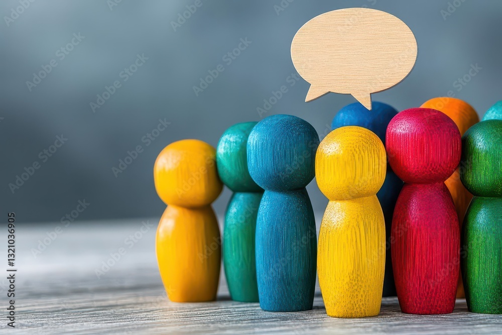 Poster group of diverse wooden people with a speech bubble representing communication and discussion in a c