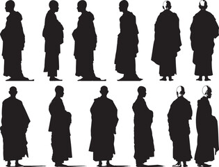 Buddhist Monk Silhouettes Vector Illustration Set