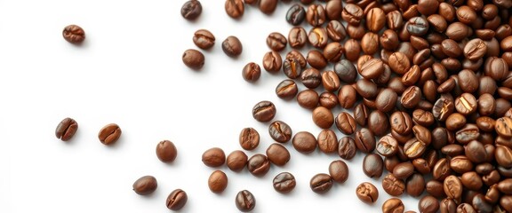 Obraz premium Roasted coffee beans scattered on pristine white background, agriculture, dark