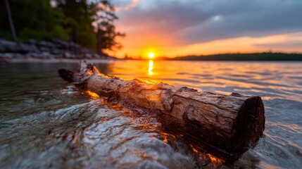 A beautiful sunset reflects on serene water while a wooden log floats, capturing a tranquil and captivating scene of nature's artistry and peaceful environment.