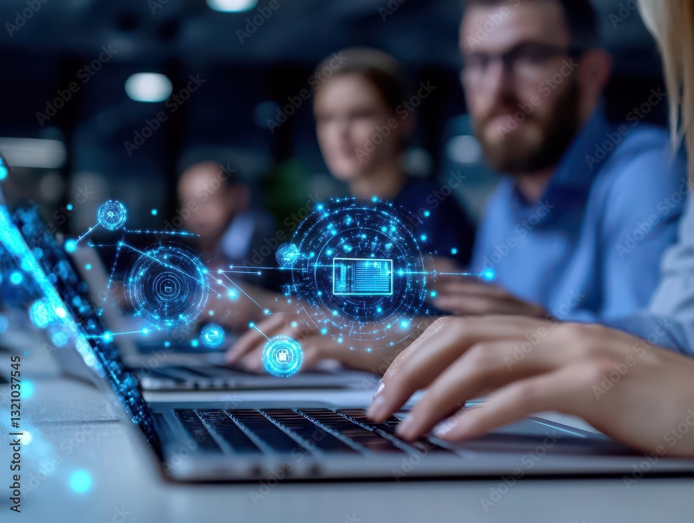 Aufkleber A person engaged with a laptop surrounded by a network of connected icons representing digital communication and technology