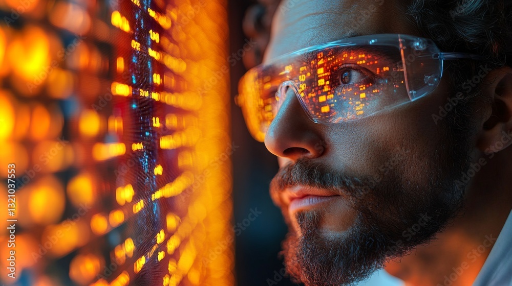 Leinwandbilder a focused engineer studies complex automation systems within a petrochemical refinery, illuminated b