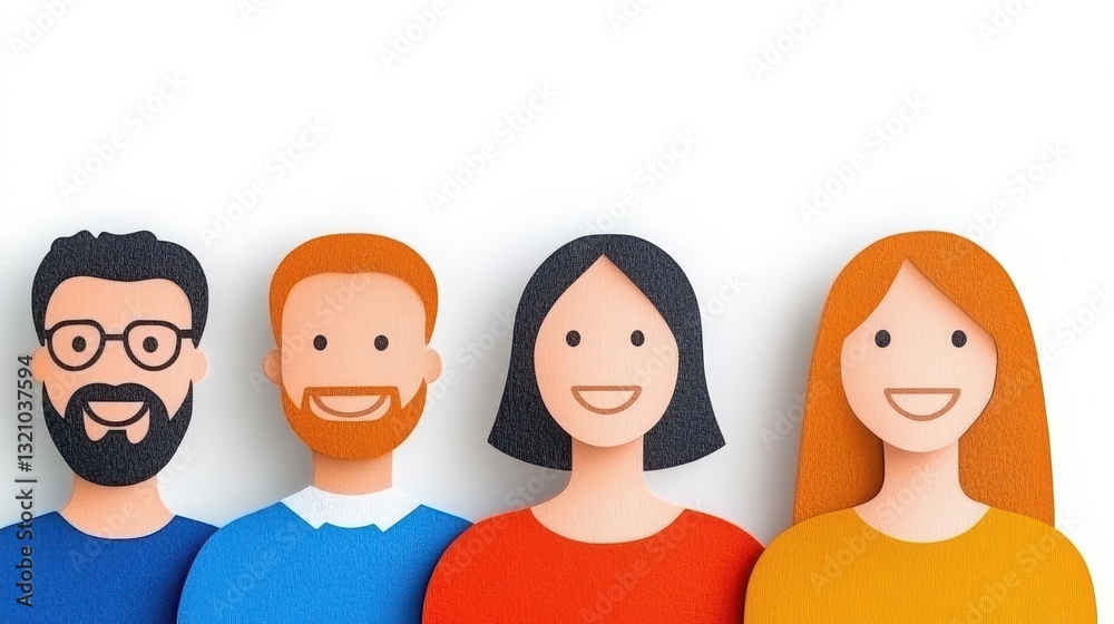 Poster Diverse group of people with unique facial features and expressions gathered together in a bright and cheerful setting
