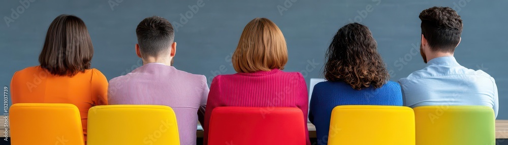 Poster Group of individuals sitting in a row on benches smiling and engaging in lively conversation in a relaxed setting