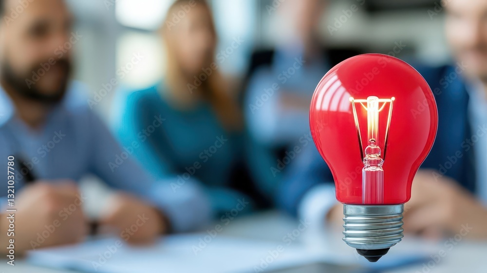 Poster Bright light bulb illuminating a group of people in the background representing ideas and inspiration in a collaborative setting