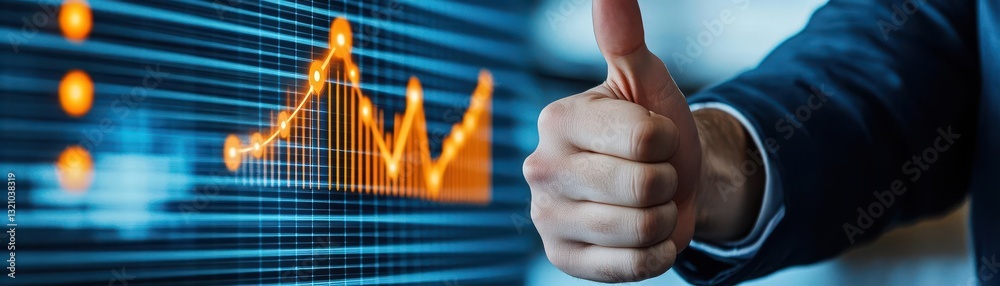 Poster Hand pointing at a colorful chart indicating growth and progress in a professional business environment and analysis