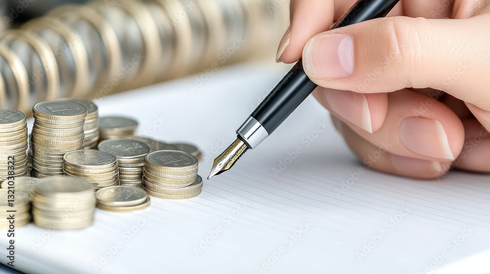 Aufkleber hand writing notes on a notebook surrounded by coins representing financial planning and budgeting c