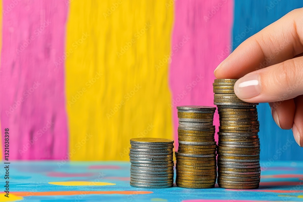 Poster hand carefully placing a coin on top of a stack of coins illustrating wealth accumulation and financ