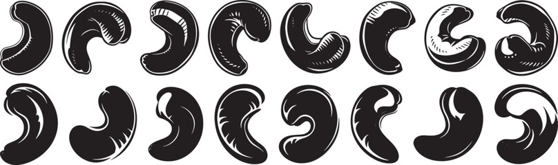 Cashew Nuts Vector Illustration Set, Black and White Isolated