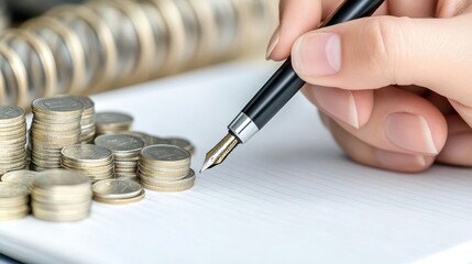 Hand writing notes on a notebook surrounded by coins representing financial planning and budgeting concepts