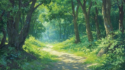 Walking Path Through Lush Green Forest with Sunlight Filtering Through Trees