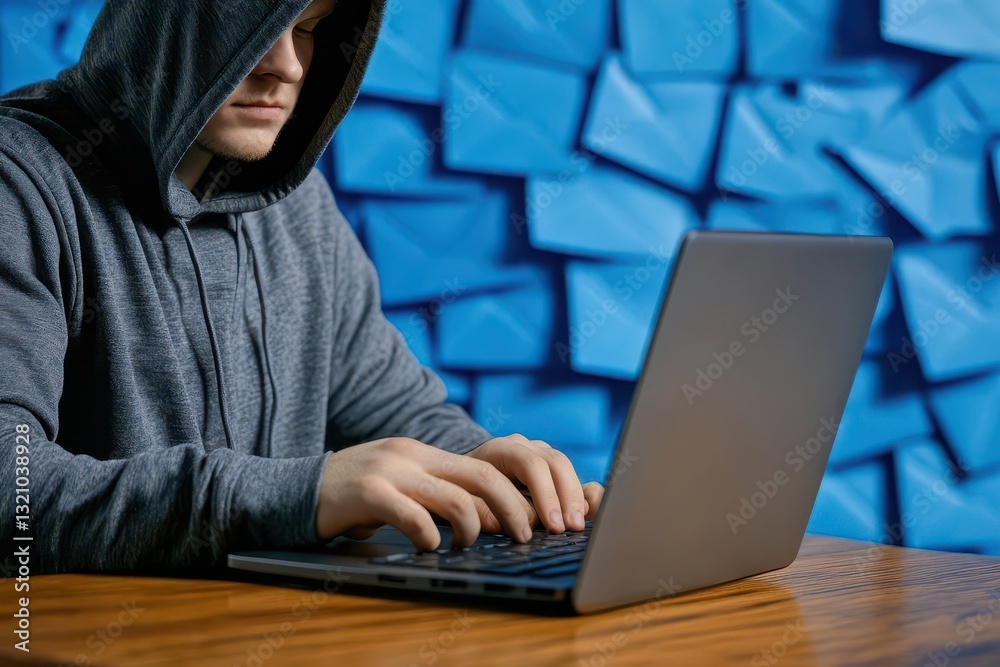 Poster Individual engrossed in work on a laptop in a comfortable environment with a focused expression and productivity in mind