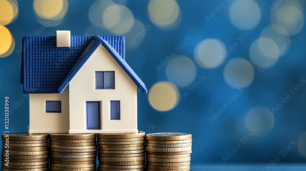 Poster House balanced on top of a stack of coins symbolizing financial security and wealth management in a creative representation