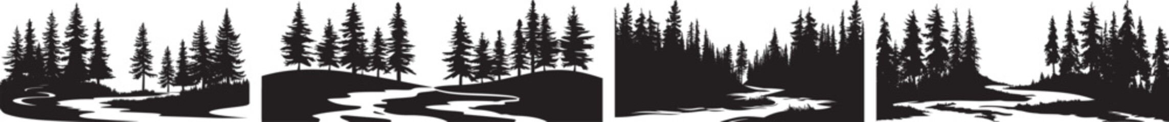 Forest Landscape Silhouettes, Black and White Vector Illustration