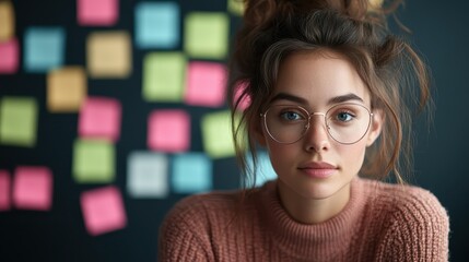 A young woman with glasses poses thoughtfully in front of a wall filled with colorful sticky notes, blending creativity with a relaxed atmosphere of inspiration and focus.