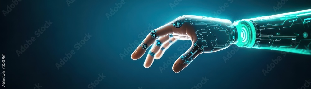 Poster Human hand gently touching the surface of a robotic arm in a futuristic setting representing human-robot interaction