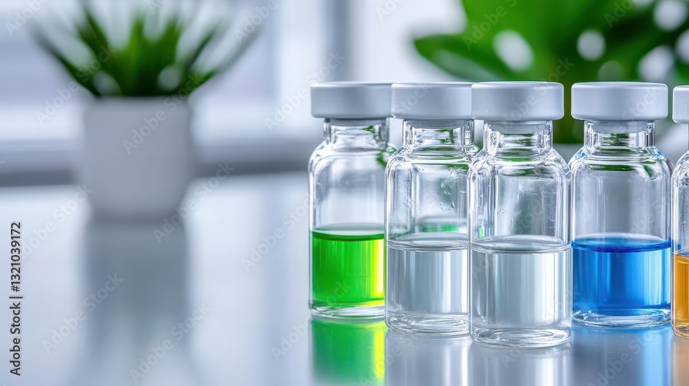 Poster Row of colorful test tubes filled with various bright liquids in a laboratory setting for scientific experiments and research