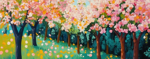 Fototapeta premium Vibrant springtime blossom landscape with cherry blossom trees and colorful meadow