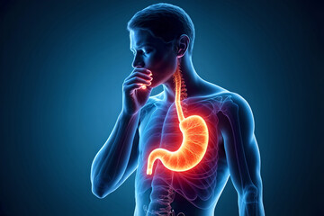 Human body with esophagus and stomach,digestive problems,gastroesophageal reflux disease(GERD),acid regurgitation,heartburn,burning sensation in chest epigastric area,regurgitation of stomach acid