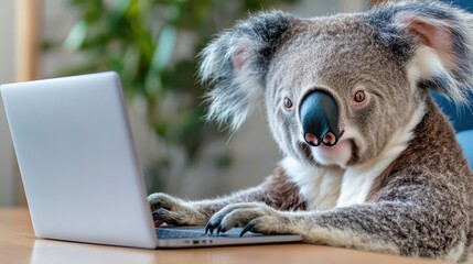 Obraz premium Playful koala sitting on a tree branch with a charming expression surrounded by green leaves in its natural habitat