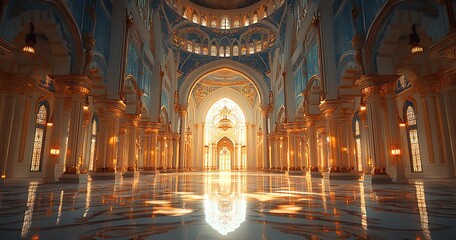 Obraz premium Grand Palace Interior with Intricate Arches and Glowing Lights