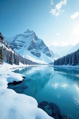 Isolated snowy hill with frozen lake in foreground, lake, isolated hill