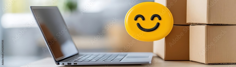 Poster laptop displaying a smiley face on the screen in bright yellow representing cheerfulness and positiv