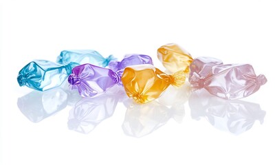 Colorful candies on white background, reflection, sweet treat, food photography, website use