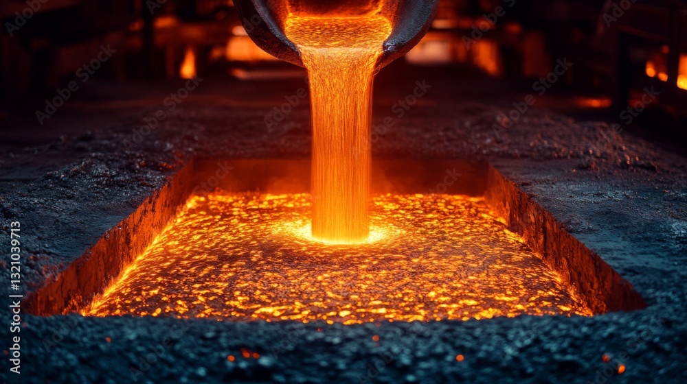Poster In a manufacturing facility, molten metal flows from a ladle into a casting mold, illuminating the workspace with intense heat. Workers monitor the process closely for quality.