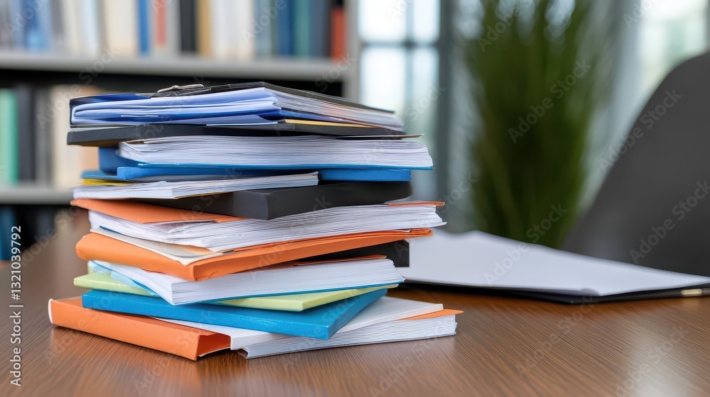 Poster Neatly stacked pile of books on a wooden desk with reading glasses and a warm light creating a cozy study atmosphere