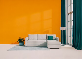 dimensional render of floor lamp standing beside white sofa with yellow bg