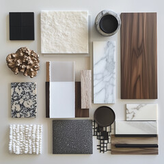 White background Mood board with white fabric, dark wood, wood, dark blue fabric, walnut black glass, black metal, marble, cream fur
