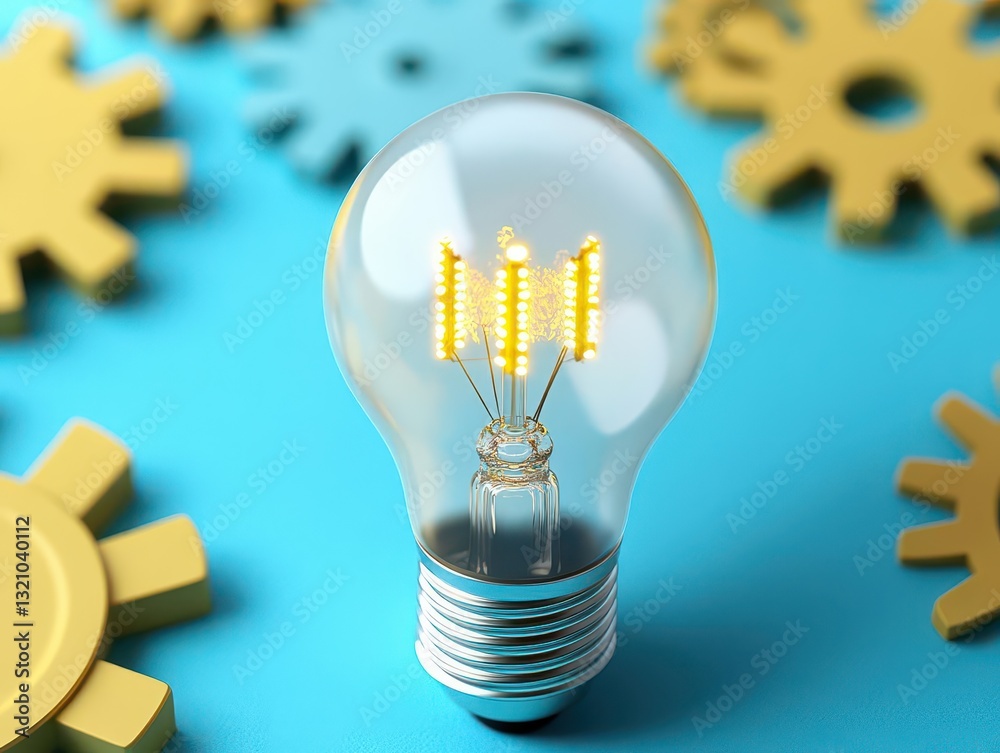 Poster Light bulb illuminated by a glowing inner light surrounded by intricate gears symbolizing innovation and ideas