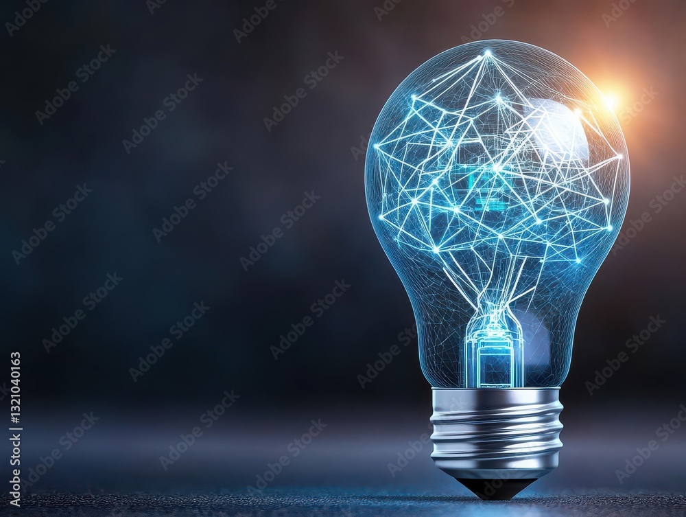 Poster light bulb featuring a network of connected lines illustrating modern technology, communication, and